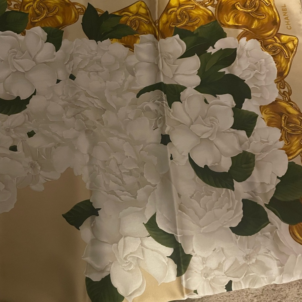Chanel Gold and Green Floral Silk Scarf - Picture 11 of 13